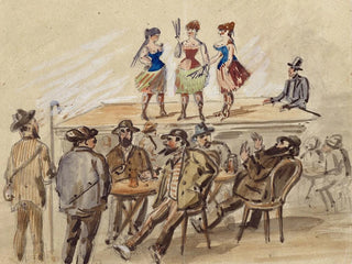 Three women present themselves on a scene in front of men at beer tables - Paul Franz Otto — artwork view