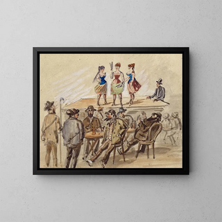 Three women present themselves on a scene in front of men at beer tables - Paul Franz Otto — framed artwork on a wall