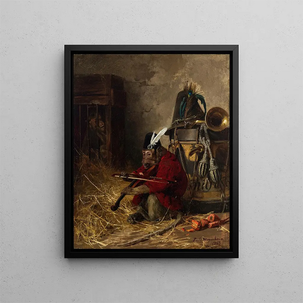 Monkey playing the violin - Paul Friedrich Meyerheim — framed artwork on a wall