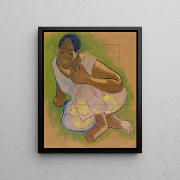 a crouching Tahitian woman - Paul Gauguin — framed artwork on a wall