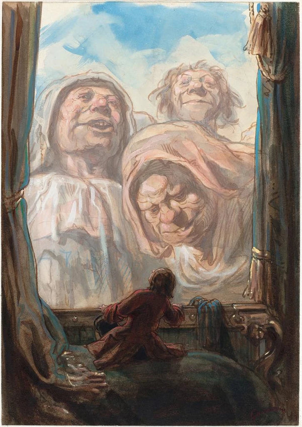Gulliver impressed by three begging giants in Brobdingnag - Paul Gavarni — framed artwork on a wall