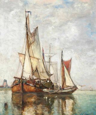 Paul Jean Clays - Barges Moored Before A Windmill.webp