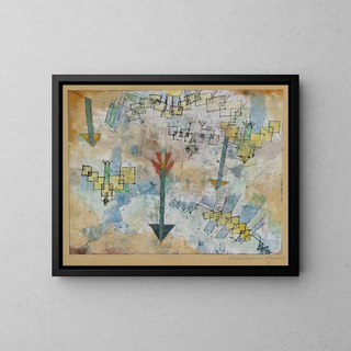 Birds diving and arrows - Paul Klee — framed artwork on a wall