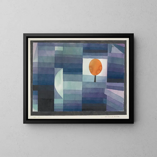 L'Avant-coureur de l'Automne in green and purple gradient with orange accent - Paul Klee — framed artwork on a wall