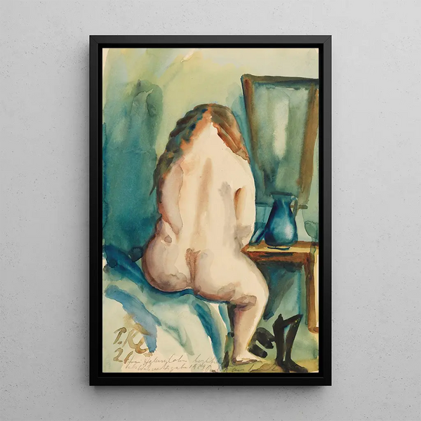 Interior painting with a female nude from behind - Paul Kleinschmidt — framed artwork on a wall