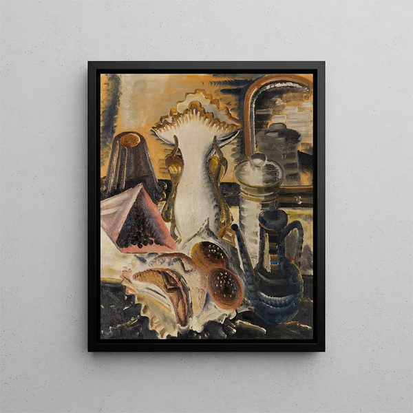 Nature morte with coffee pot, currants, and fruits - Paul Kleinschmidt — framed artwork on a wall
