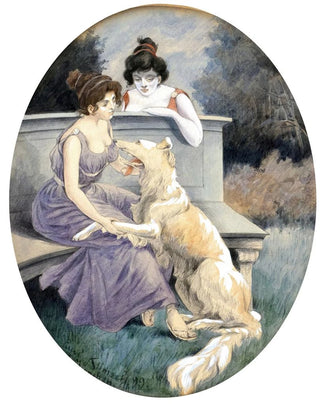 Paul Klimsch - Zwei Damen mit Windhund auf einer Parkbank.webp