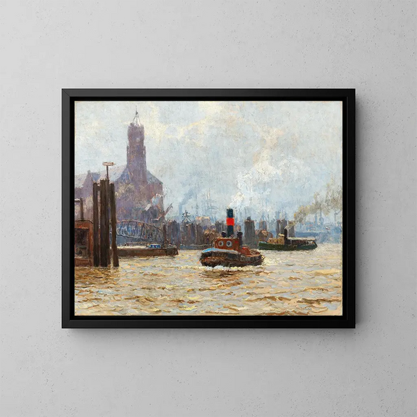 Port of Hamburg with view of Kehrwieder Spitze - Paul Kutscha — framed artwork on a wall