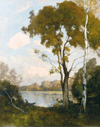 Paul Lecomte - Barque au soleil couchant deux grands arbres droite.webp