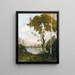 Boat at sunset, two large trees on the right - Paul Lecomte — framed artwork on a wall
