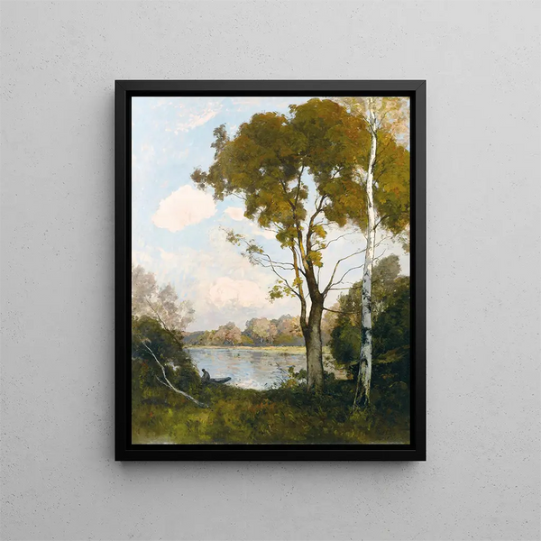 Boat at sunset, two large trees on the right - Paul Lecomte — framed artwork on a wall