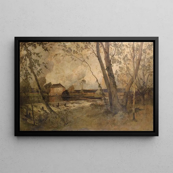 Landscape Painting with Mill - Paul Lecomte — framed artwork on a wall