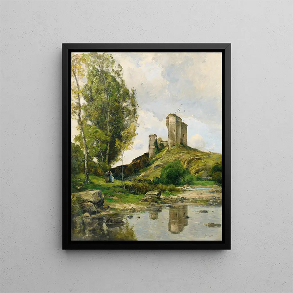 View of Hérisson with two peasant women and a child - Paul Lecomte — framed artwork on a wall