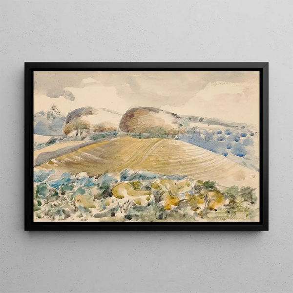 Landscape Painting of the Wittenham Clumps - Paul Nash — framed artwork on a wall