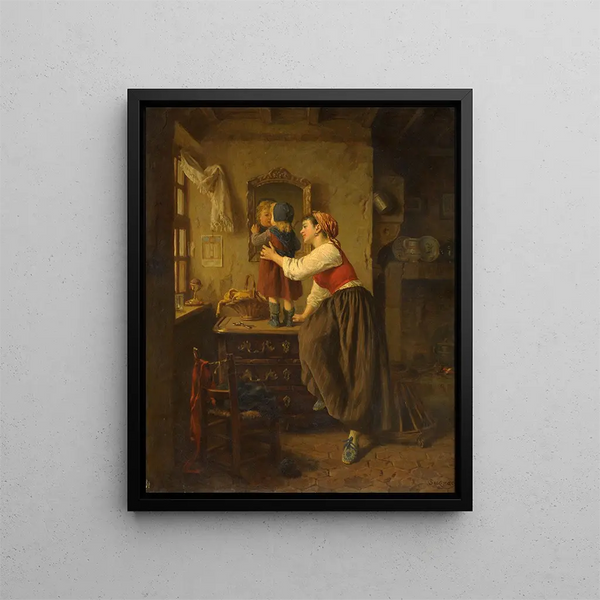 Woman and Child in front of a mirror - Paul Seignac — framed artwork on a wall