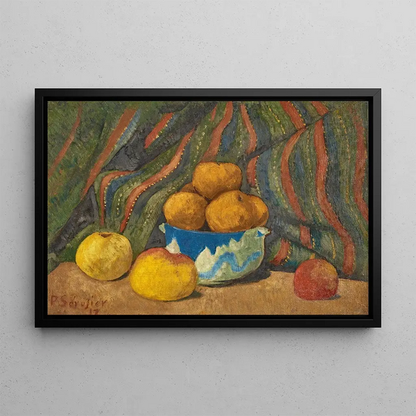 Still life with apples on a striped tapestry background - Paul Sérusier — framed artwork on a wall