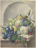 Piece of fruit in a niche on a marble table plums peaches grapes and blackberries - Paul Theodor van Brussel — artwork view