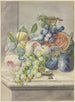 Still life with a slice of melon and two roses, grapes, peaches, plums, and a walnut - Paul Theodor van Brussel — artwork view