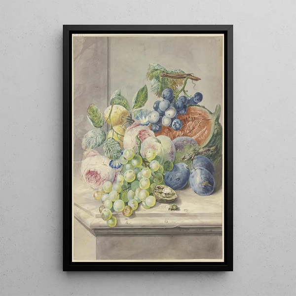 Still life with a slice of melon and two roses, grapes, peaches, plums, and a walnut - Paul Theodor van Brussel — framed artwork on a wall