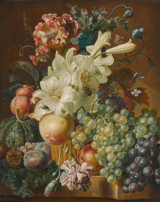 Paul Theodor Van Brussel - Still life with lilies poppies plums melons and grapes on a ledge with insects.webp