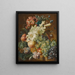 Nature morte avec des lys, des coquelicots, des prunes, des melons et des raisins sur un rebord avec des insectes - Paul Theodor van Brussel — framed artwork on a wall