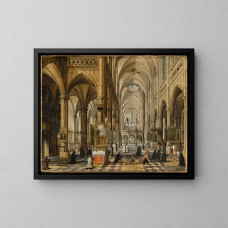 Interior of a Gothic Cathedral - Paul Vredeman de Vries — framed artwork on a wall