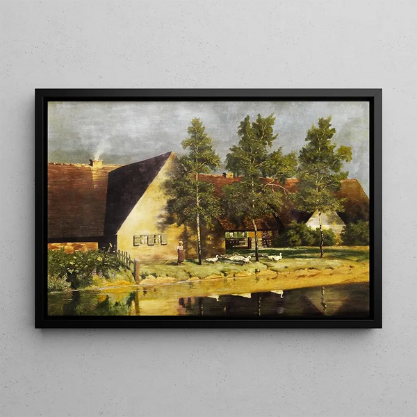 Geese herder by the water's edge - Paul Wilhelm Keller-Reutlingen — framed artwork on a wall