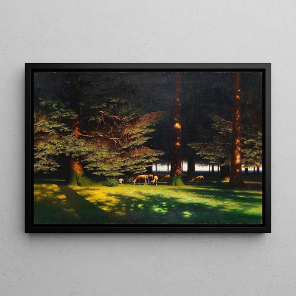 Sheep grazing in the forest clearing - Paul Wilhelm Keller-Reutlingen — framed artwork on a wall