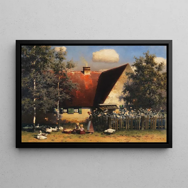 Summer Idyllic Scene behind the House - Paul Wilhelm Keller-Reutlingen — framed artwork on a wall