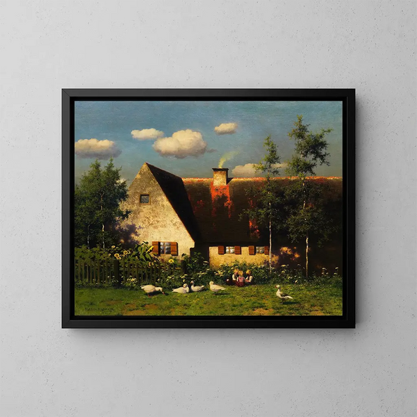 Children Playing and Geese in Front of the Farm - Paul Wilhelm Keller-Reutlingen — framed artwork on a wall