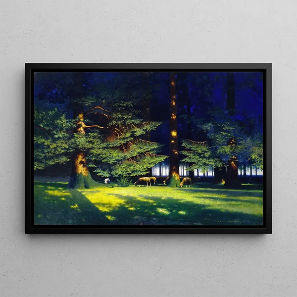 Interior forest painting with flock of sheep grazing - Paul Wilhelm Keller-Reutlingen — framed artwork on a wall
