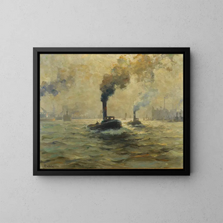 Two steam tugboats in the port of Hamburg - Paul Wolde — framed artwork on a wall