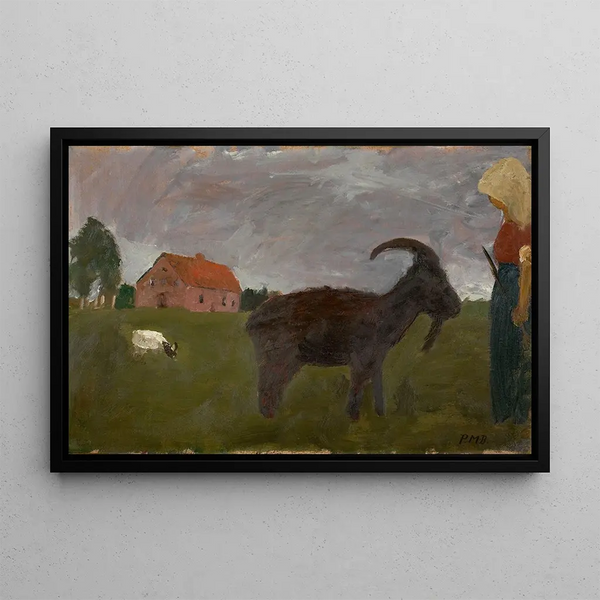 Farmhouse painting with two goats in front of the farm - Paula Modersohn-Becker — framed artwork on a wall