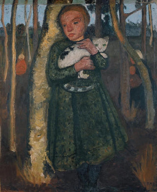 Paula ModersohnBecker - Girl in a birch forest with cat.webp