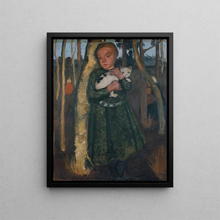 Paula ModersohnBecker - Girl in a birch forest with cat.webp