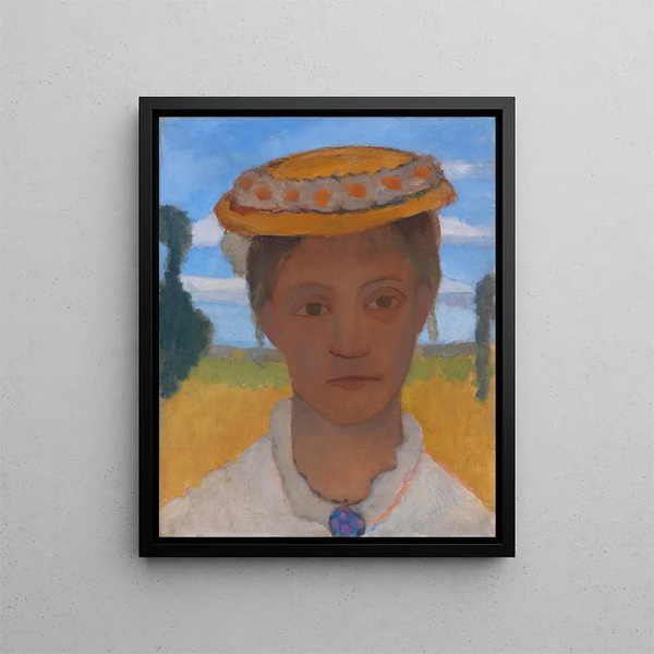 Head of Sister Herma with a ladybug crown on her hat - Paula Modersohn-Becker — framed artwork on a wall