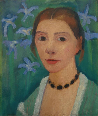 Paula ModersohnBecker - Selfportrait in front of a green background with a blue iris.webp