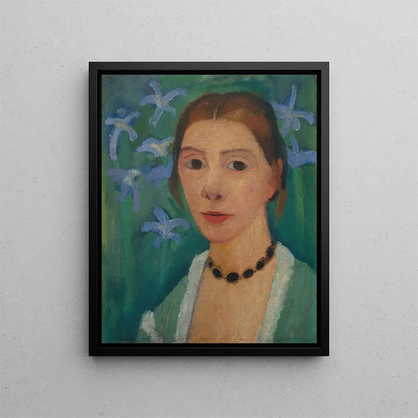 Self-portrait against a green background with a blue iris - Paula Modersohn-Becker — framed artwork on a wall