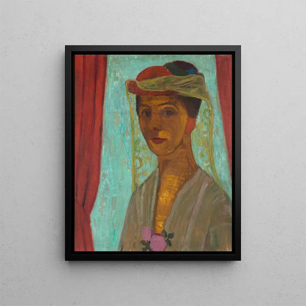 Self-portrait with hat and veil - Paula Modersohn-Becker — framed artwork on a wall