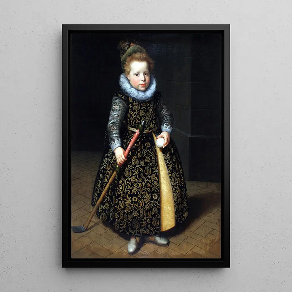 Portrait of a four-year-old boy with a club and a ball - Paulus Moreelse — framed artwork on a wall
