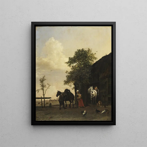 Figures with Horses near a Stable - Paulus Potter — framed artwork on a wall
