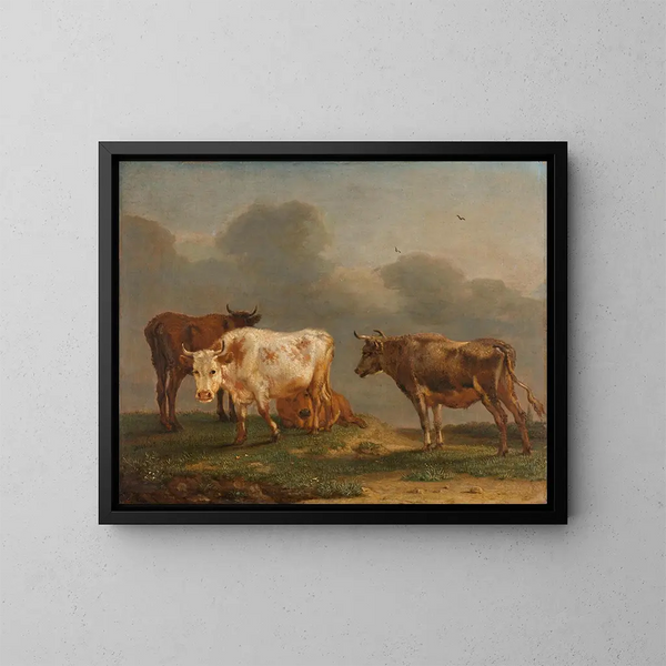 Four young bulls in a meadow - Paulus Potter — framed artwork on a wall