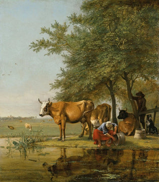 Paulus Potter - Landscape with cattle and a woman cleaning a bucket by a stream.webp