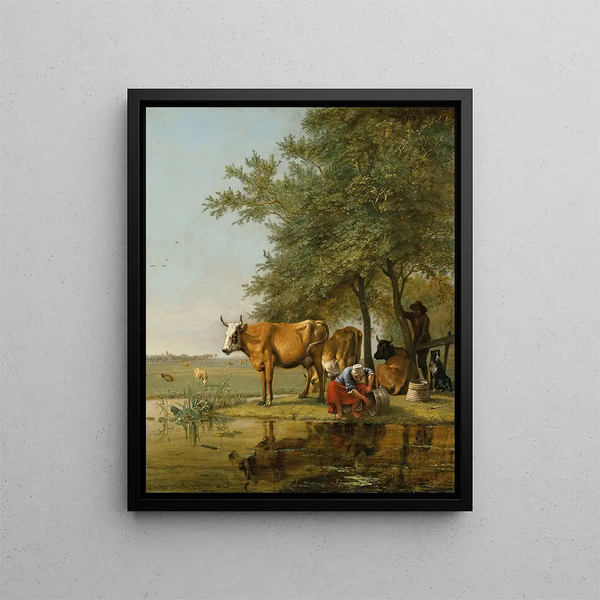 Landscape painting with cattle and a woman cleaning a bucket by a stream - Paulus Potter — framed artwork on a wall