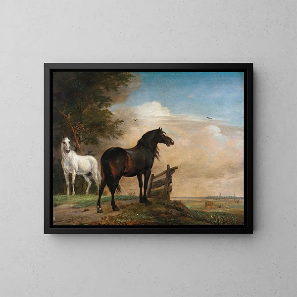 Two horses in a meadow near a gate - Paulus Potter — framed artwork on a wall