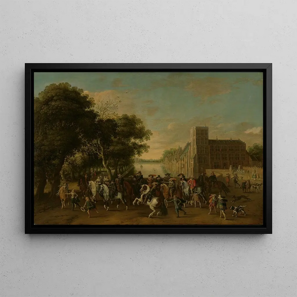 The Prince Maurits accompanied by Prince Frederik Hendrik, Frederick V of Bohemia and his wife Elizabeth Stuart, and others at the Buitenhof The Hague - Pauwels van Hillegaert — framed artwork on a wall