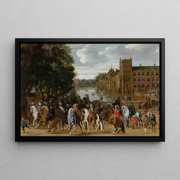 The Princes of Orange and their families on horseback leaving the Buitenhof The Hague - Pauwels van Hillegaert — framed artwork on a wall