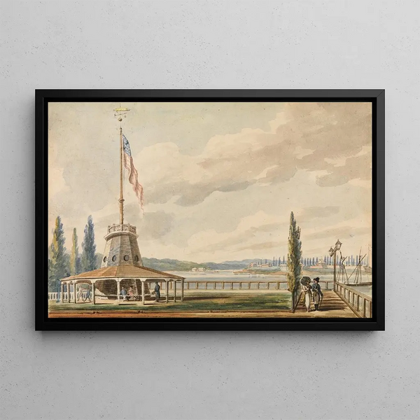 La première vue des voyageurs de New York La Batterie et le mât de pavillon - Pavel Petrovich Svinin — framed artwork on a wall