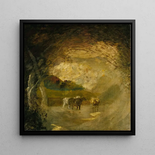 Landscape painting with trees and livestock - Albert Pinkham Ryder — framed artwork on a wall