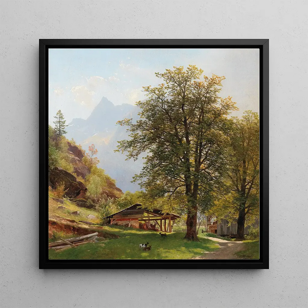 Landscape with farm buildings - Carl Hasch — framed artwork on a wall